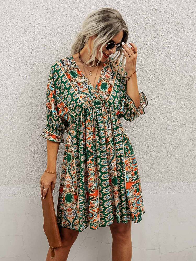 All Over Print Wrap Neck Tie Back Dress | SHEIN