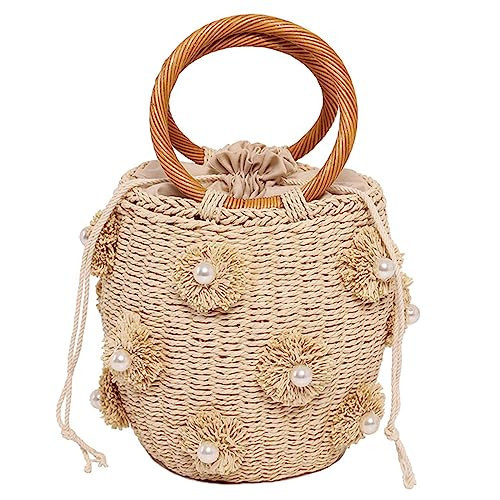 Orgonite Bucket Straw Handbag, Handmade Tote Bag with Pearl Flower, Beach Woven Bag Rattan Basket Purse Drawstring for Women | Amazon (US)