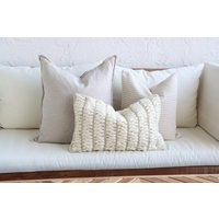 3 Neutral Boho Pillow Set, Decorative Pillows, Textured Wool Lumbar, Beige Linen Pillows | Etsy (US)