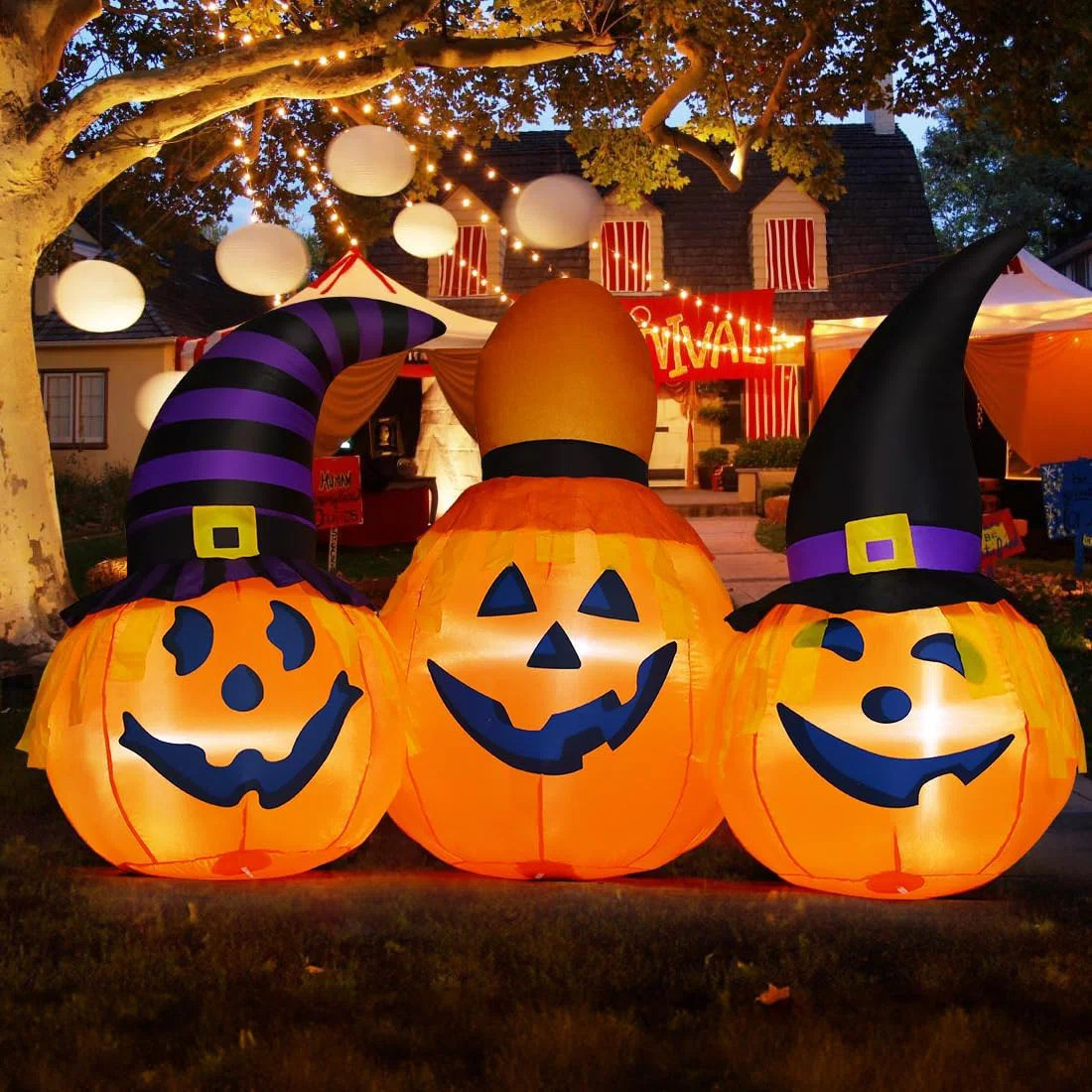 Halloween Inflatables 6.5 FT Inflatable Pumpkin Wearing Hat with Built-in LED Lights | Wayfair North America