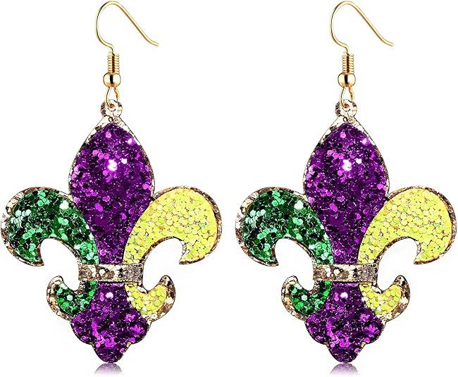 Mardi Gras Earrings Sequin Fleur De Lis Mask Crown Earrings for Women, Letter MARDI GRAS Earrings... | Amazon (US)