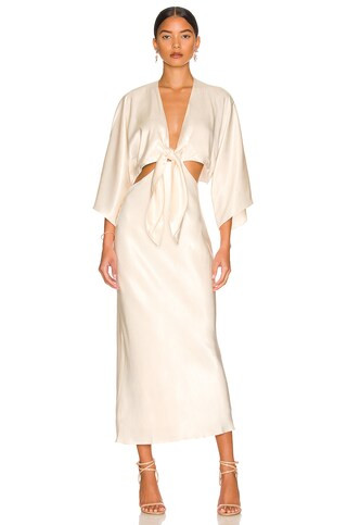 La Lune Tie Front Bias Midi Dress in Cream | Revolve Clothing (Global)