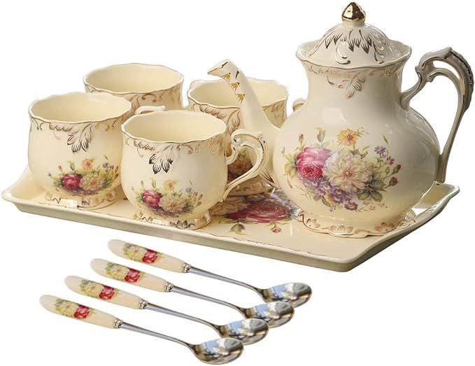 YOLIFE Flowering Shrubs Ivory Ceramic Tea Set,Porcelain Tea Cups Set,Tea Party Service Set for Ad... | Amazon (US)