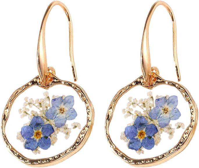 Blue Pink Dried Flowers Drop Dangle Earrings for Women | Gold-Toned,Pressed Flower Dangling Earri... | Amazon (US)