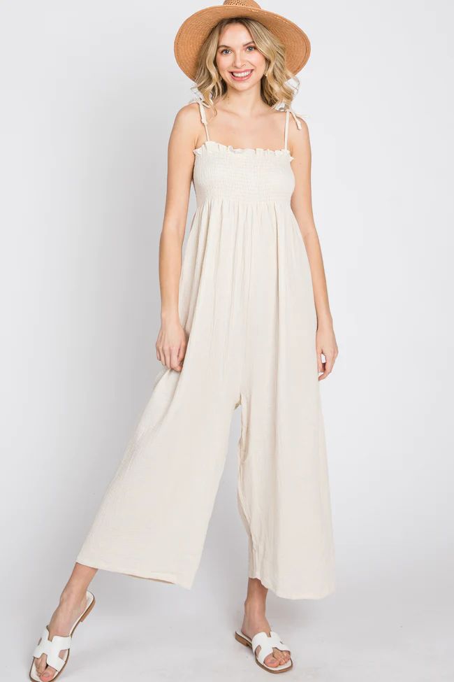 Cream Gauze Smocked Tie Strap Jumpsuit | PinkBlush Maternity