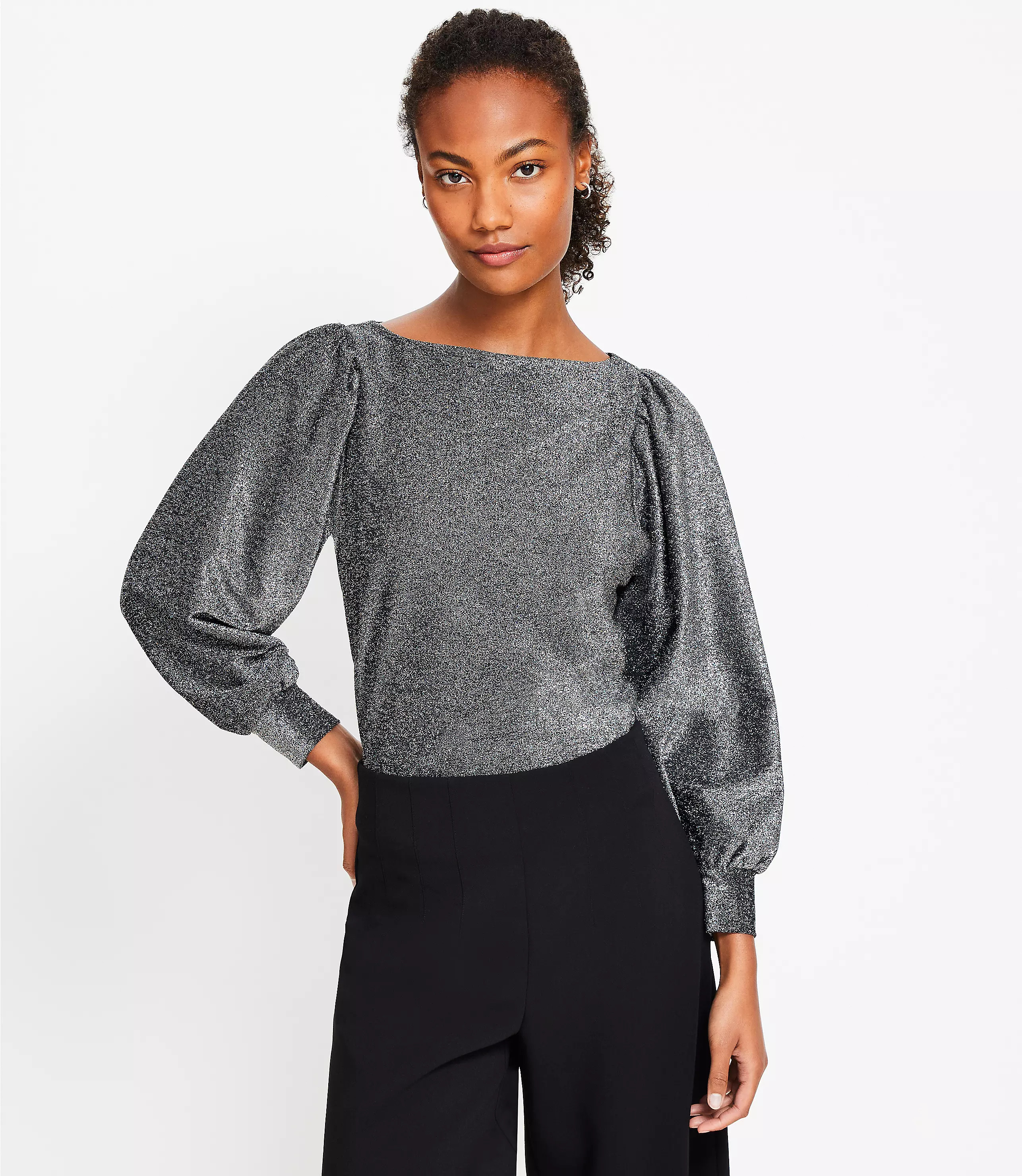 Petite Metallic Draped Sleeve Boatneck Top | LOFT