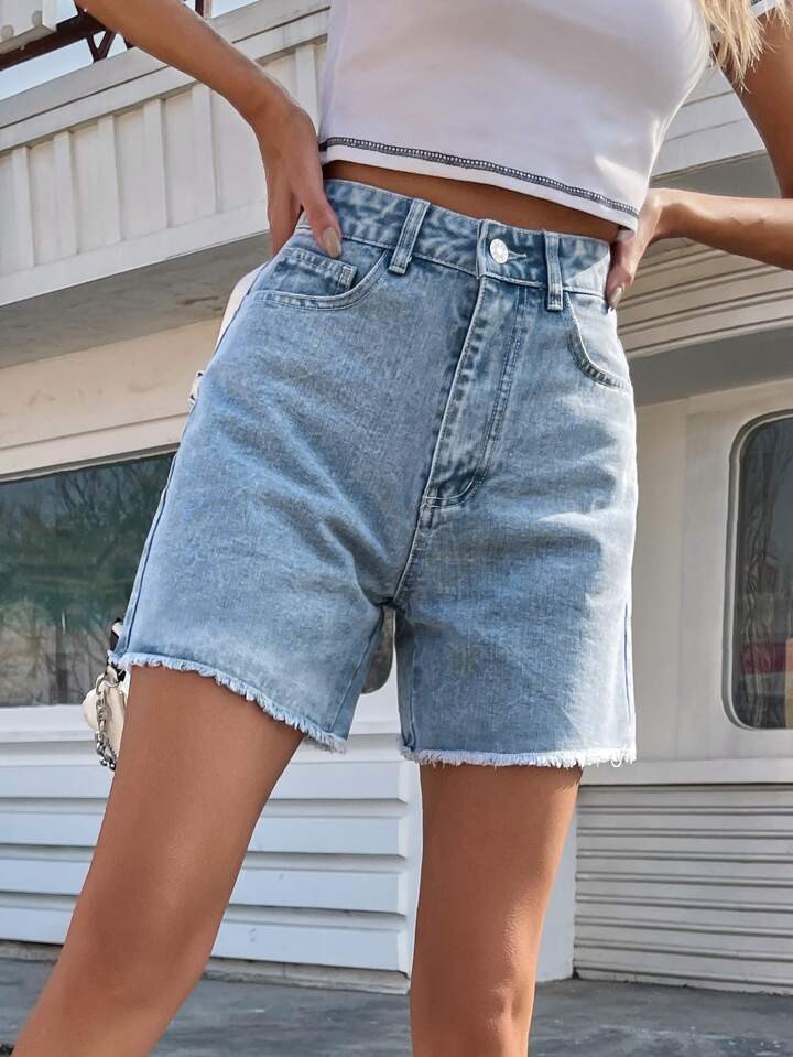 SHEIN Frenchy Solid Raw Hem Denim Shorts, Mom Shorts | SHEIN