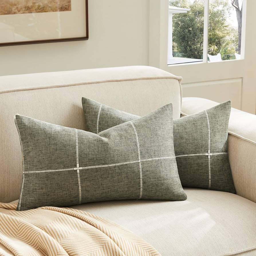 2 Packs Grid Embroidery Throw Pillow Covers, 12x20 Inch Olive, Farmhouse Linen Decorative Olive C... | Amazon (US)