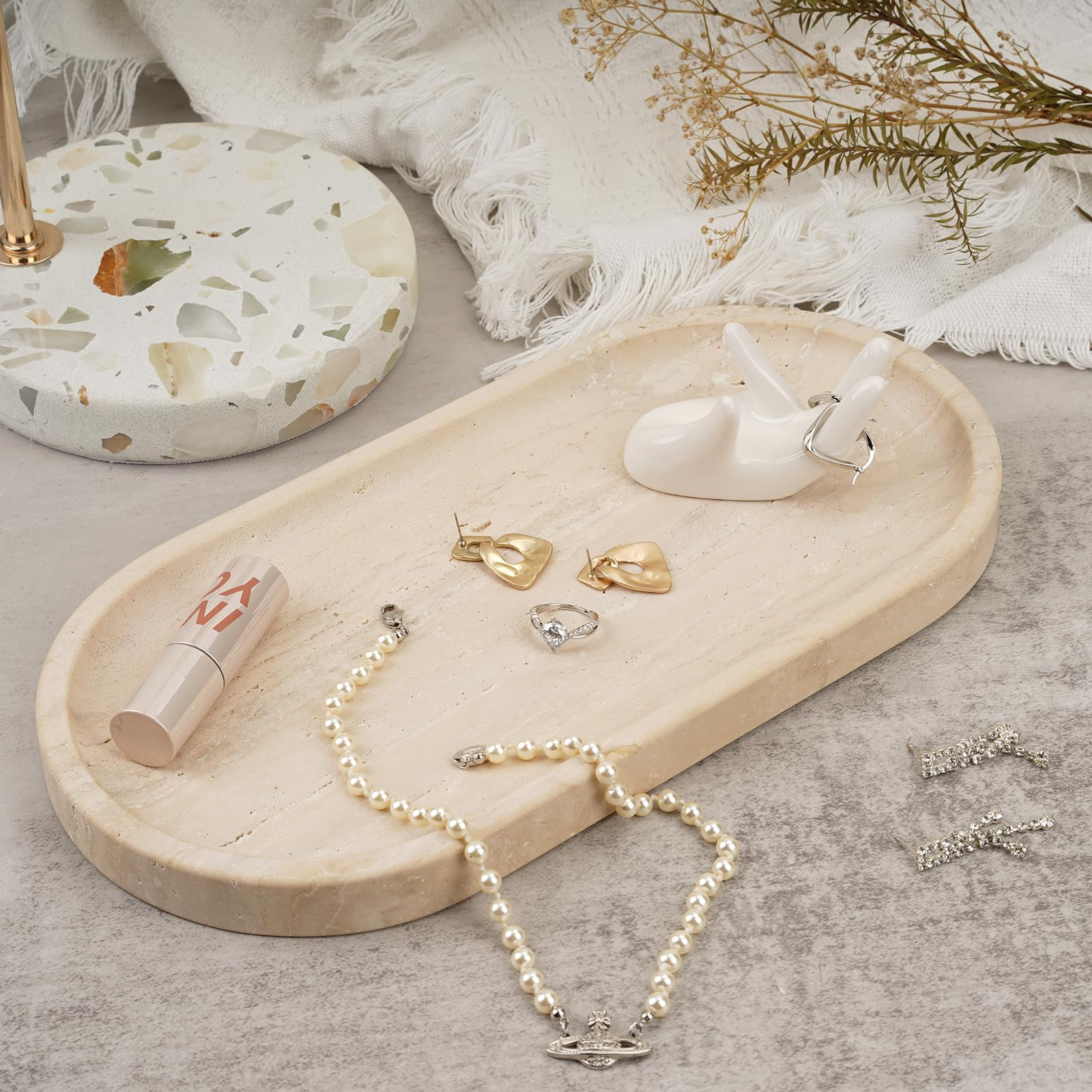 Koville Turkish Natural Travertine Tray, 12"x6" Vanity Decorative Marble Tray for Countertop Orga... | Amazon (US)