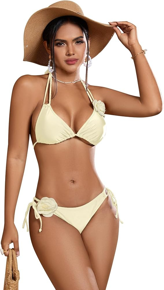 Women's 2 Piece Solid 3D Flower Halter Bikini Set Side Tie High Cut Triangle Swimsuit Bathing Sui... | Amazon (US)