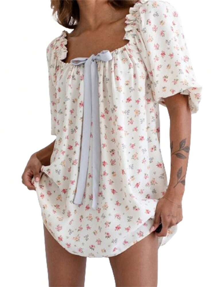 Women Summer Short Dress Puff Sleeve Square Neck Plaid/Stripe/Floral Print Beach Dress | SHEIN