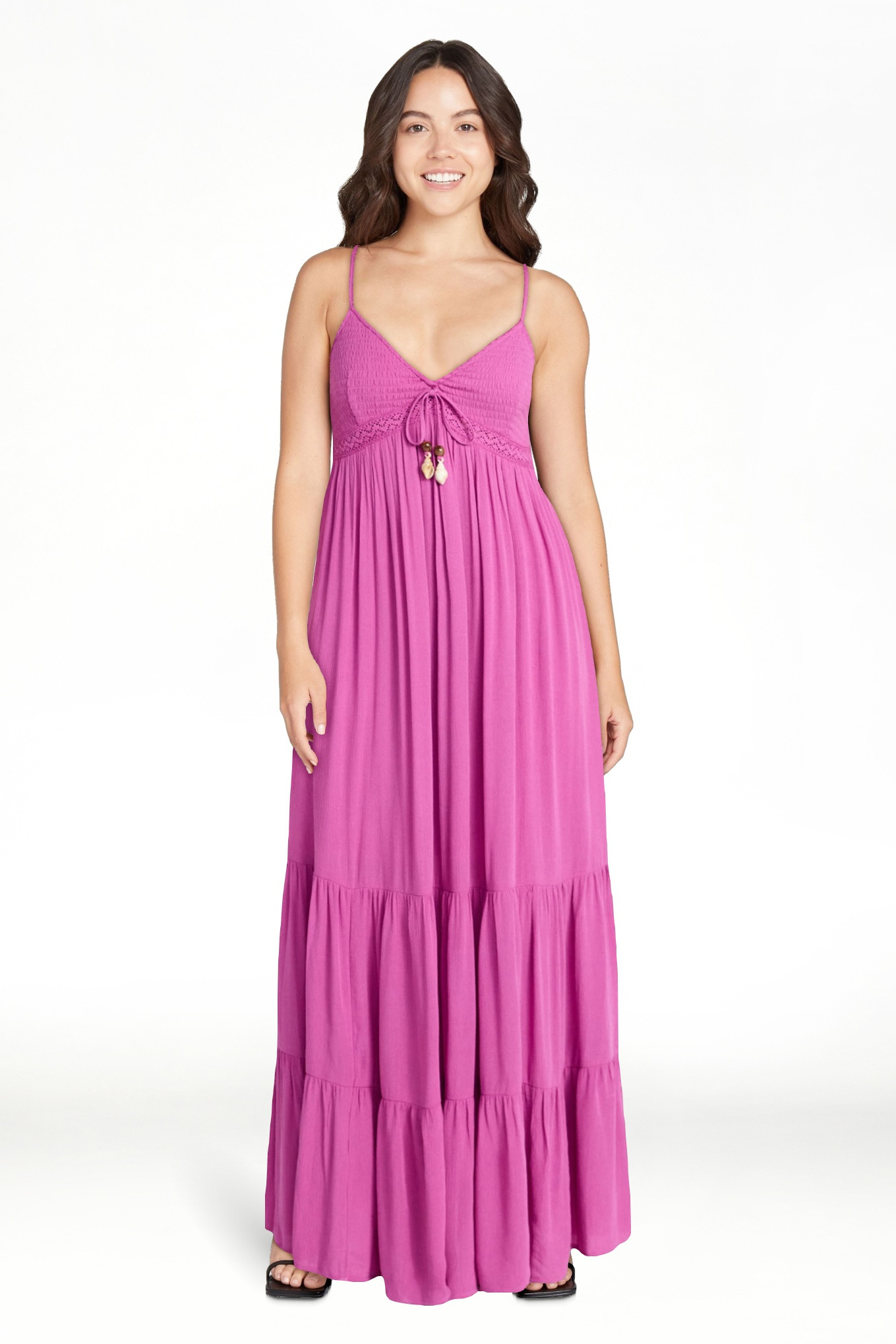 No Boundaries Crochet Lace Trim Tiered Maxi Dress, Women's XXS-XXL | Walmart (US)
