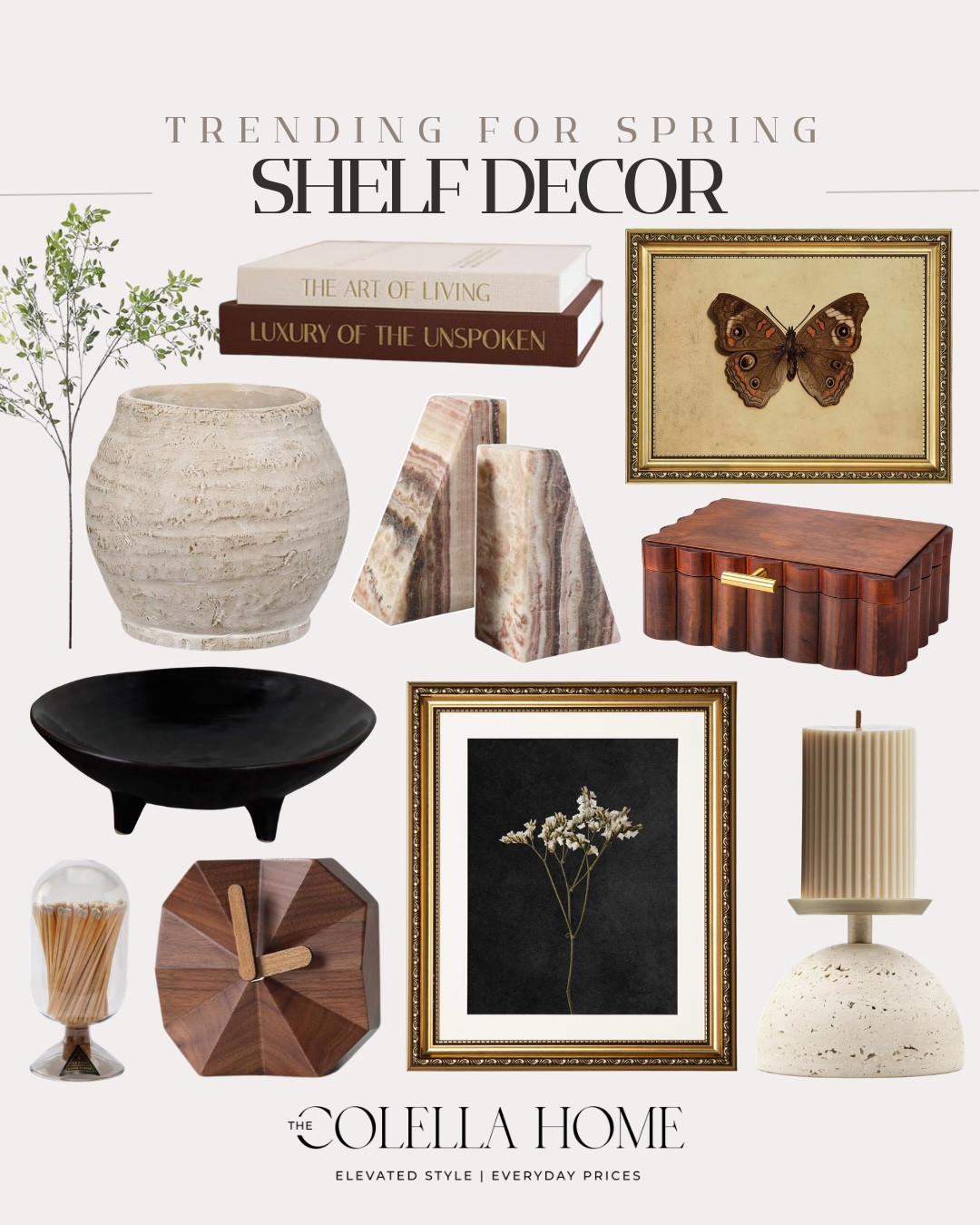 Shelf decor includes wall art, decorative box, candle holder, pillar candles, table clock, cloche, decorative bowl, vase, greenery stem, decorative books, book ends.

Home decor, home accents, shelf decor, looks for lesss

#LTKSaleAlert #LTKHome #LTKSeasonal