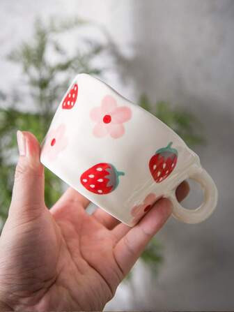 1 Stück Rosa Tasse & 1 Stück Löffel, Keramik Süße Blumen Und Erdbeermuster Tasse, Für Zu Ha... | SHEIN