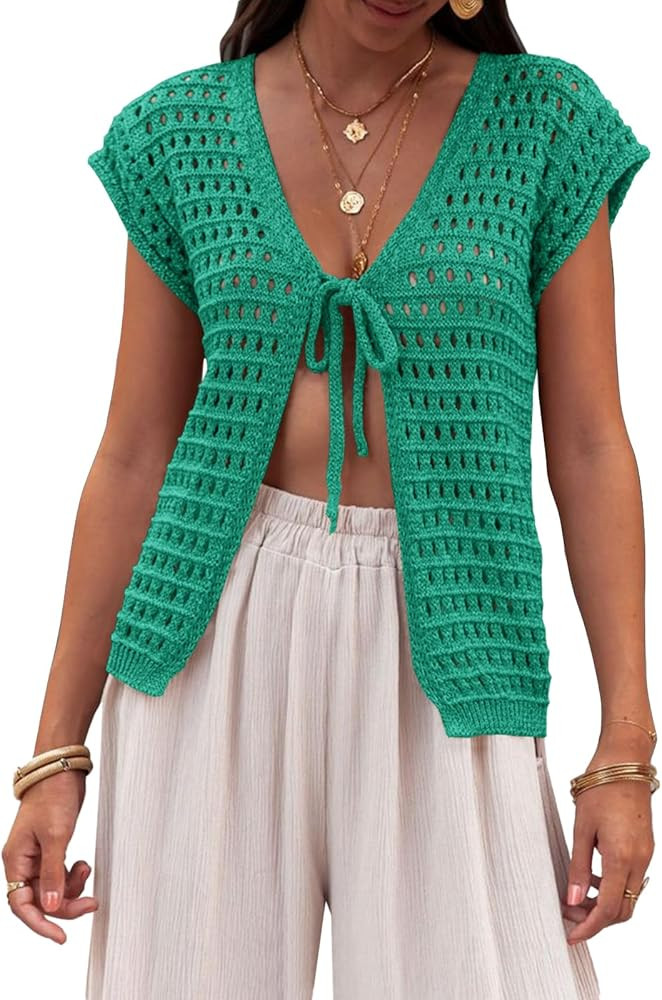 Saodimallsu Womens Tie Crochet Shrug Short Sleeve Open Front Lightweight Knit Cropped Cardigan Sw... | Amazon (US)