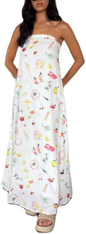 Women Graphic Strapless Long Tube Dress Off Shoulder Backless Maxi Dress Flowy Summer Holiday Bea... | Amazon (US)