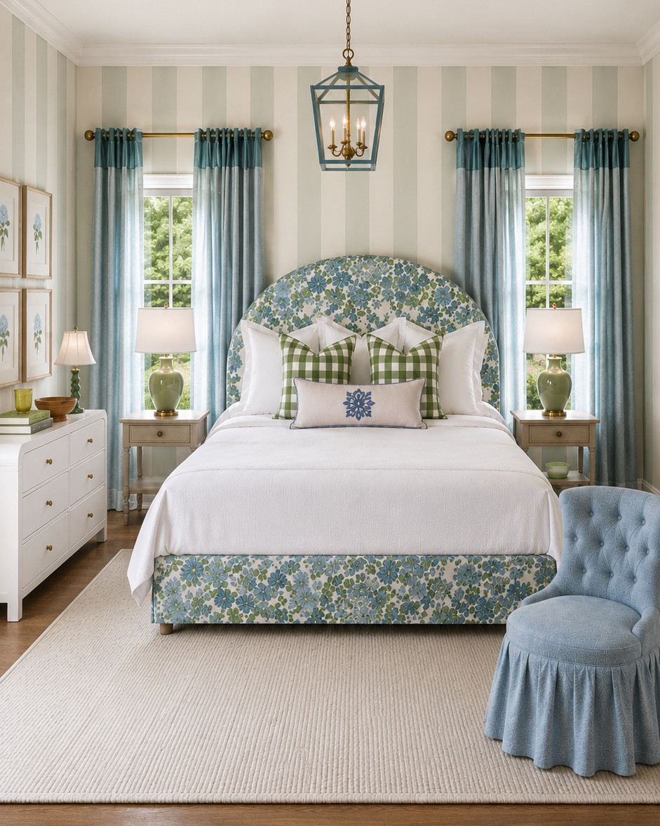 Obsessed with this blue and green upholstered bed with the pattern play of the striped wallpaper🩵

#LTKdayinmylife #LTKHome #LTKSaleAlert