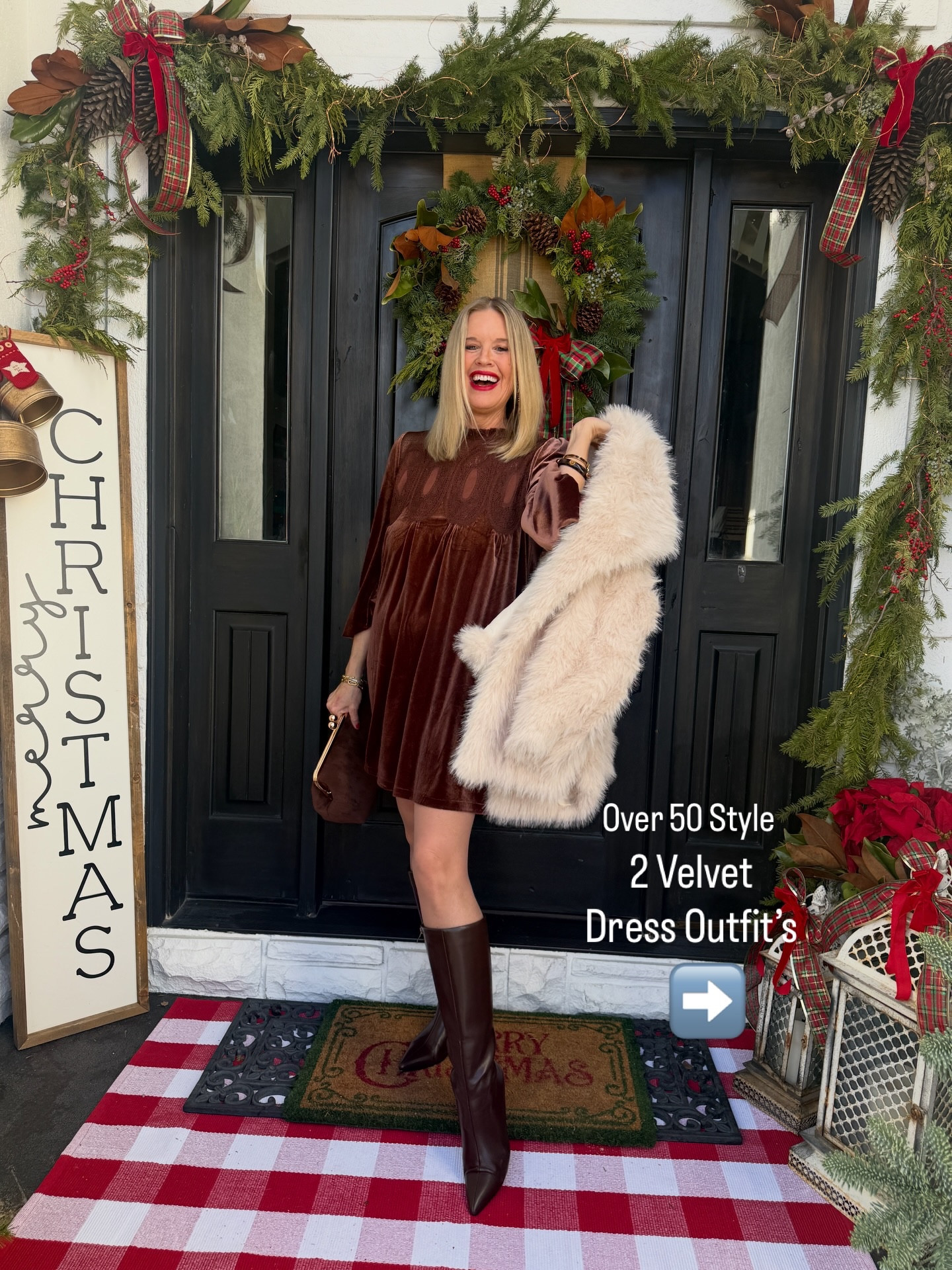 Holiday Outfit Inspo over 50🎄

That Top we all loved… Is NoW available in a VELVET DRESS👏🏻 fits true to size in a med.

It’s adorable, comfortable, has pockets, easy to style, and comes in several colors ✔️✔️✔️

I am styling two colors, two ways… Will arrive in a couple of days, just in time for Holiday parties and entertaining 🛍️🎄

Perfect for New Year’s Too❤️

🚨Let’s not forget about this Awesome Faux Fur… So affordable, perfect for Winter and comes in several color options. Fits true to size in a med

Brown tall boots affordable , comfy and tts

Brown suede bag with kiss knot clasp $30

Black suede boots  Cecelia New York tts 

Black corduroy tassel clutch quilted Koala save 20% with code: DARCY20

Julie Vos jewelry 


#LTKOver40 #LTKHoliday #LTKFindsUnder50