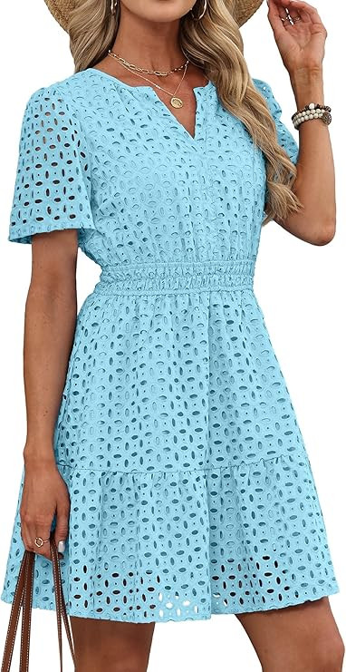 RUMIA Womens Dresses 2026 Summer V Neck Eyelet Lace A Line Short Dress | Amazon (US)