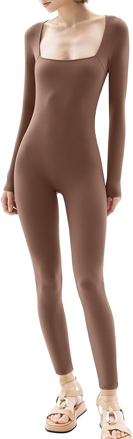 PUMIEY Jumpsuits for Women Square Neck Long Sleeve Bodycon Unitard One Piece Outfits Chill Collec... | Amazon (US)