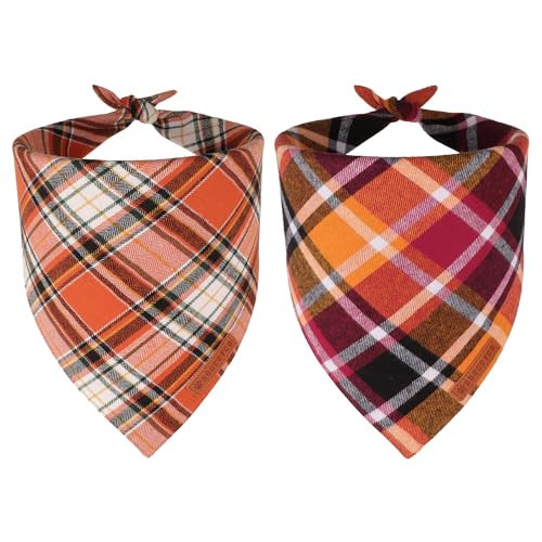 ADOGGYGO Fall Dog Bandanas 2 Pack, Premium Cotton Fabric, Orange Plaid Holiday Pet Scarf, Fall Thanksgiving Halloween Bandanas for Small Dogs (Small) | Amazon (US)