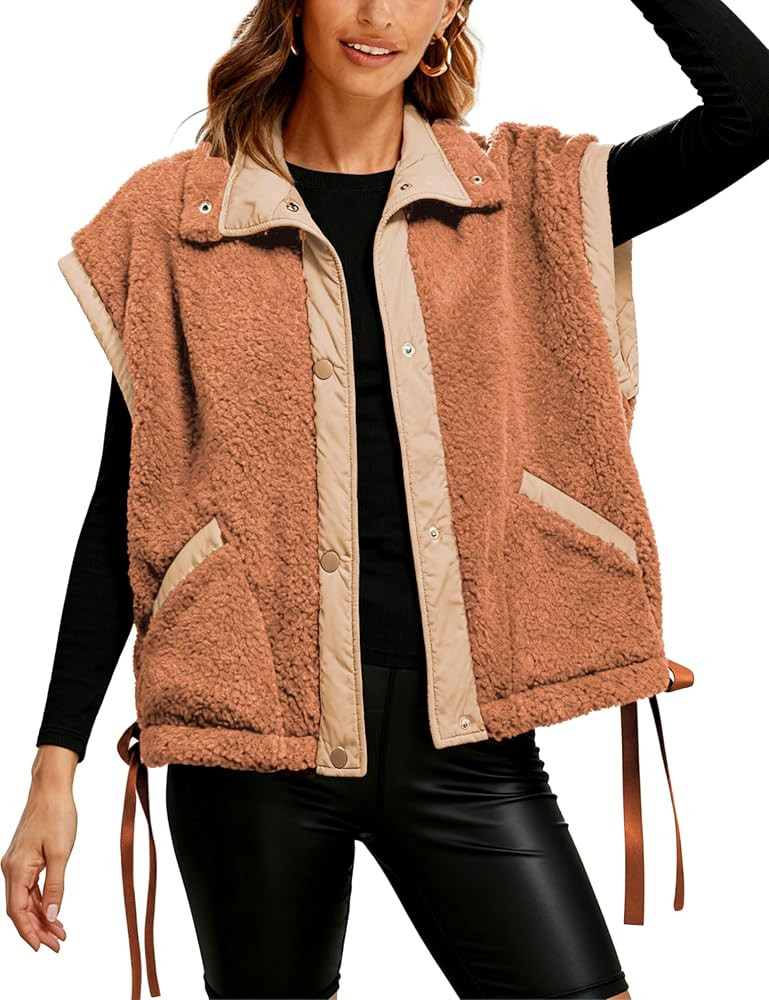Athlisan Womens Fleece Vest Casual Sleeveless Button Down Sherpa Jacket Outerwear with Pockets | Amazon (US)