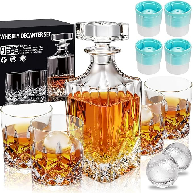 Whiskey Decanter Set for Men, 4*Crystal Whiskey Glasses(Get 4 Silicone Ice Mold Free), Lead-Free ... | Amazon (US)