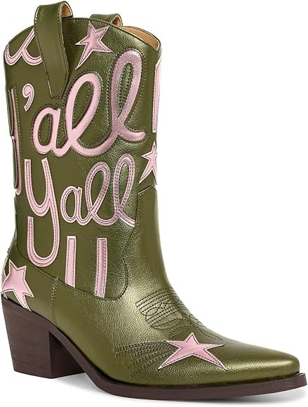 Metallic Cowboy boots for Women Mid Calf Low Heel Pointed Toe Womens Cowgirl Boots Fashion Embroi... | Amazon (US)