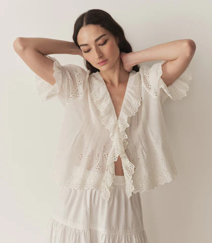 DÃ?EN Henri Top -- Salt Eyelet - Size - Xs Cotton Button Up Feminine Victorian | DOEN