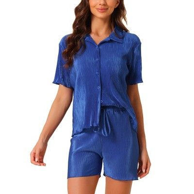 cheibear Women's Pleated Short Sleeve Button Down Outfits Set Casual Loungewear Blue X-Small | Target