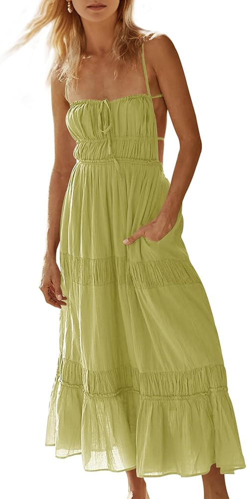 Wenrine Womens Summer Beach Dresses Backless Spaghetti Straps Self Tie Tiered Flowy Casual Maxi D... | Amazon (US)