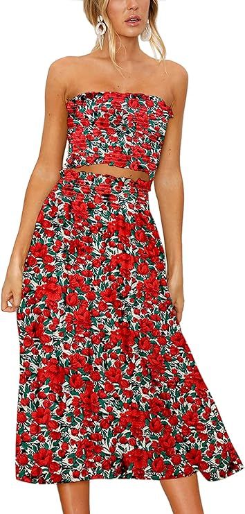 Angashion Women's Floral Crop Top Maxi Skirt Set 2 Piece Outfit Dress | Amazon (US)