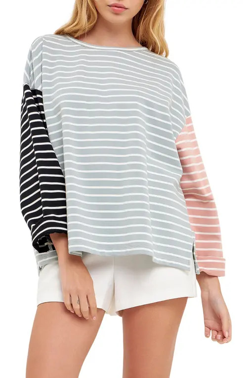 English Factory Colorblock Stripe Long Sleeve Stretch Cotton Top in Pistachio Multi at Nordstrom, Si | Nordstrom