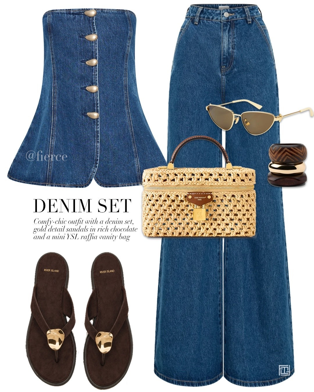 Denim Co-ord set chocolate brown gold detail sandals mini raffia vanity bag chic date night outfit summer evening dinner vacation outfit 

#LTKsummer #LTKspring #LTKuk