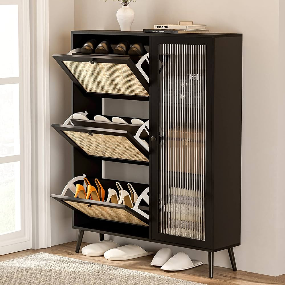 IKIFLY Natural Rattan Shoe Cabinet, Modern 3-Tier Shoe Rack Storage Cabinet with 3 Flip Drawers a... | Amazon (US)