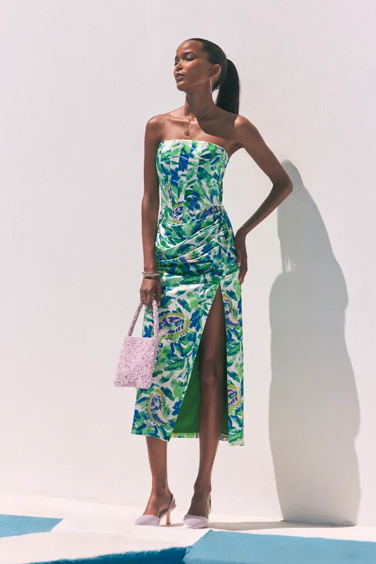 Deasia Green and Blue Floral Bustier Midi Dress | Lulus