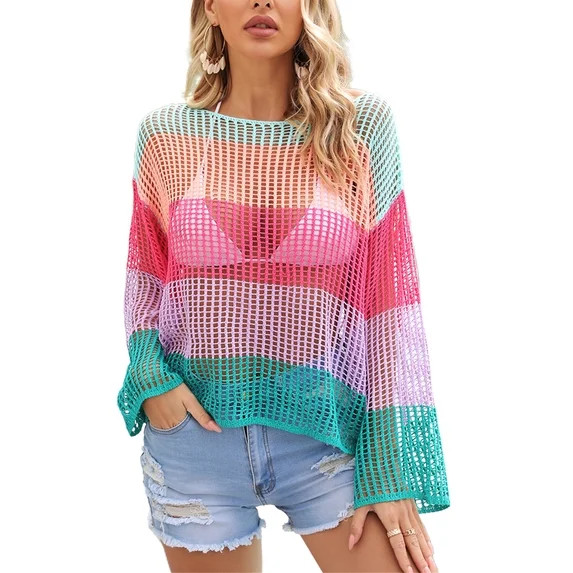 Lu's Chic Women's Swim Cover Up Long Sleeve Tops Knit Sexy Crochet Summer Lightweight Bathing Sui... | Walmart (US)