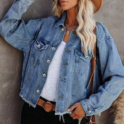 Women's Jean Jacket Frayed Washed Button Up Cropped Denim Jacket With Pockets | SHEIN