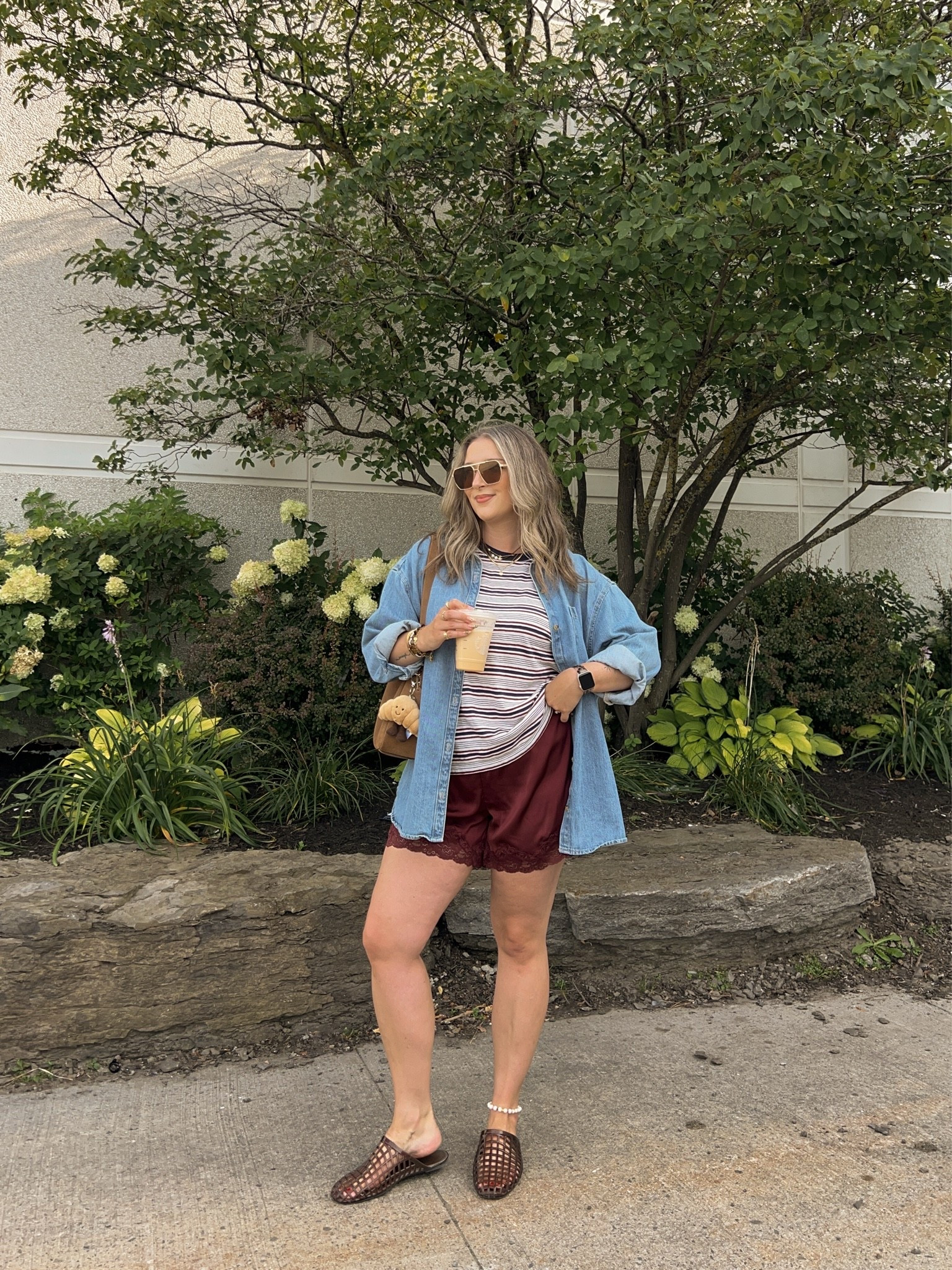 Fall transition outfit! Wearing L in the striped tee, M in satin lace shorts, L in the denim shirt. I’m a 9.5-10 shoe and wear a 10 in the jelly shoes. Canadian denim shirt & shoes link under “similar products”

#LTKfall #LTKmidsize #LTKsale