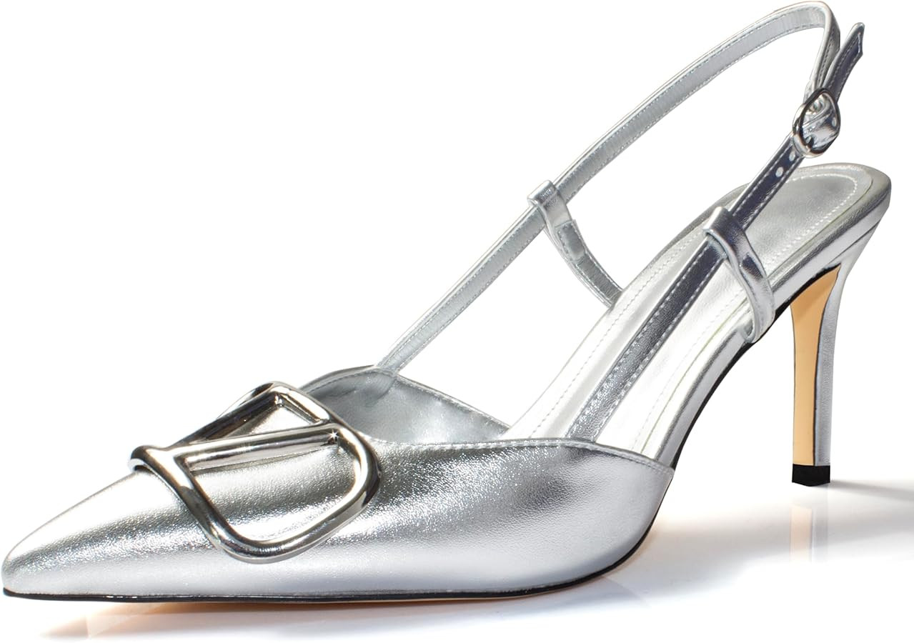 Women Heeled Slingback Sandals Closed Pointed Toe Stiletto High Heels Slip-On Buckle Pumps Backle... | Amazon (US)