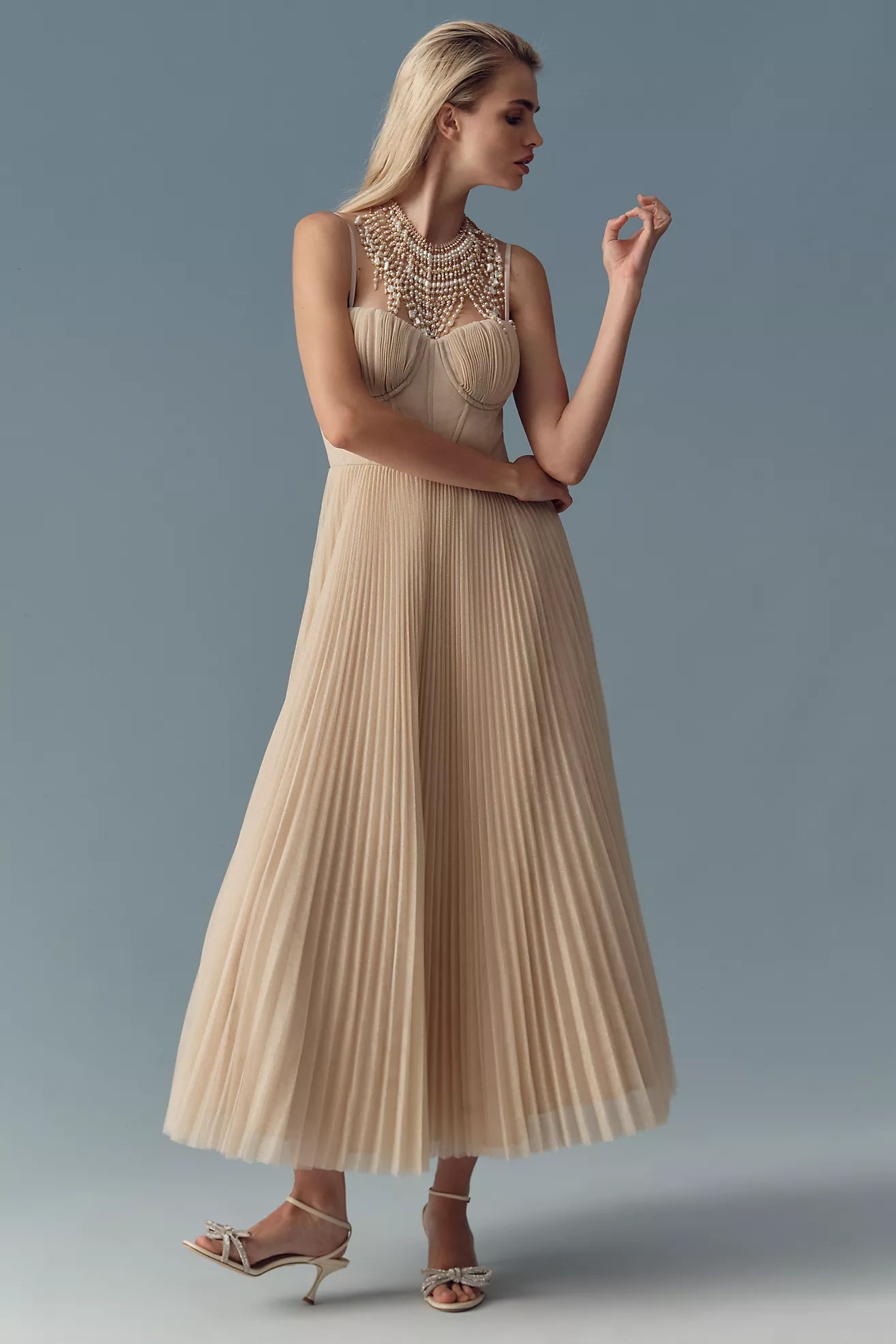 Hutch Amara Corset Pleated Tulle Fit & Flare Midi Dress | Anthropologie (US)