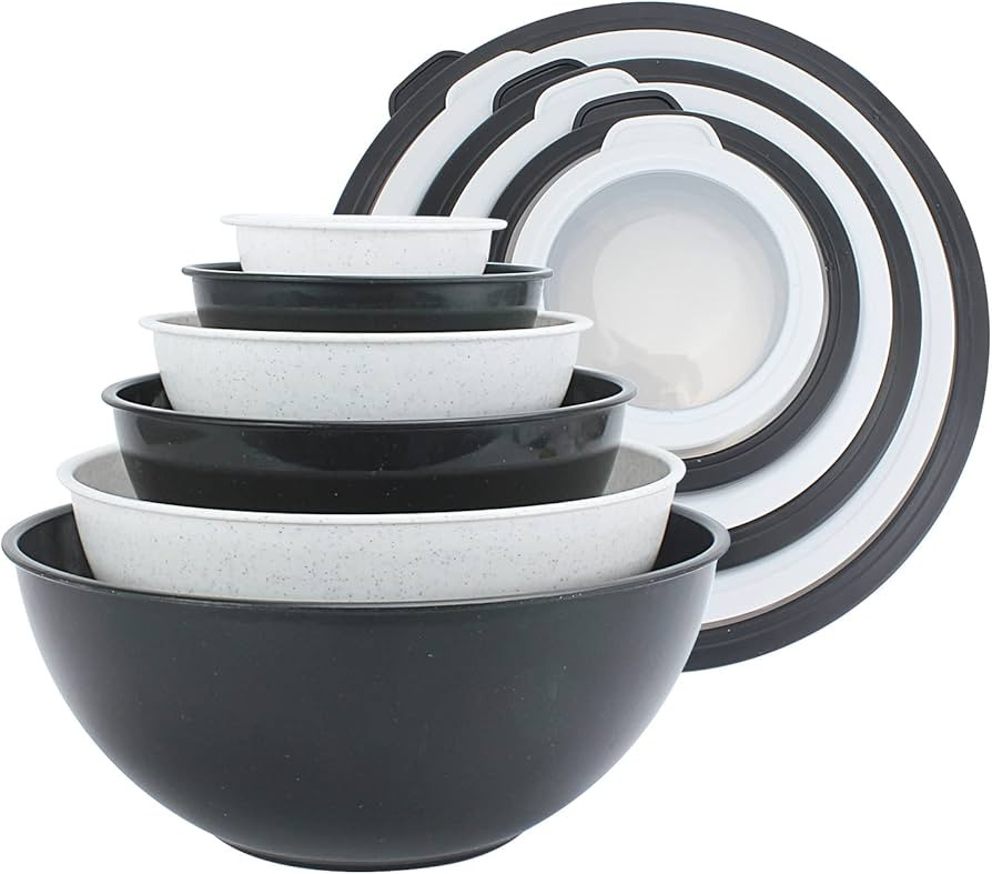 COOK WITH COLOR Mixing Bowls with TPR Lids - 12 Piece Plastic Nesting Bowls Set includes 6 Prep Bowls and 6 Lids, Microwave Safe Mixing Bowl Set (Black and White) | Amazon (US)