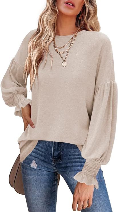 MIHOLL Womens Long Sleeve Top Crew Neck Ruffle Lantern Sleeve Casual Loose Blouse T Shirts | Amazon (US)