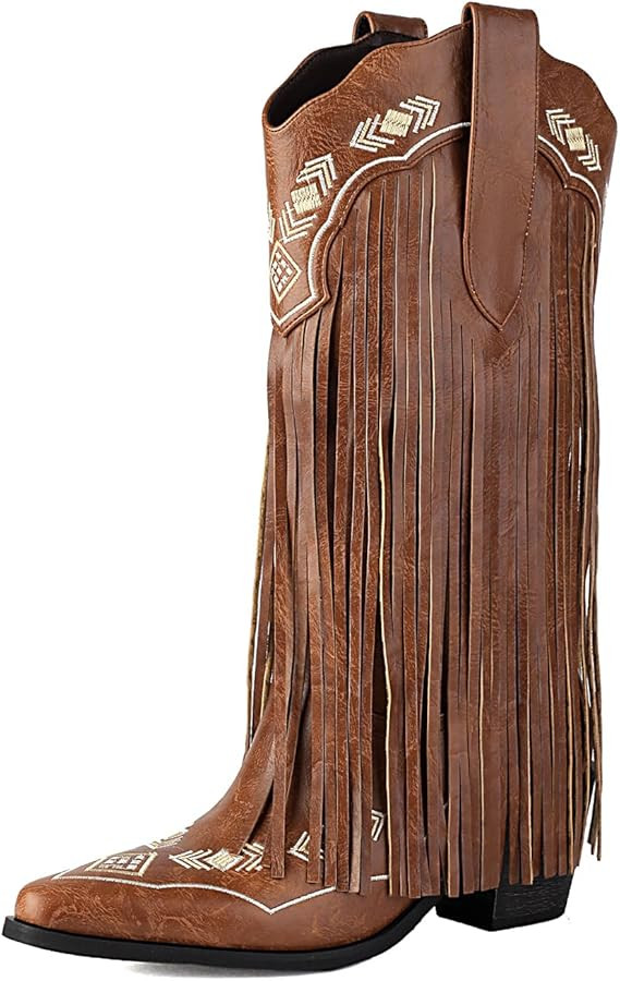 AIJIVOU Embroidered Fringe Cowboy Boots for Women, Pull On Mid Calf Chunky Block Heel Pointed Toe... | Amazon (US)
