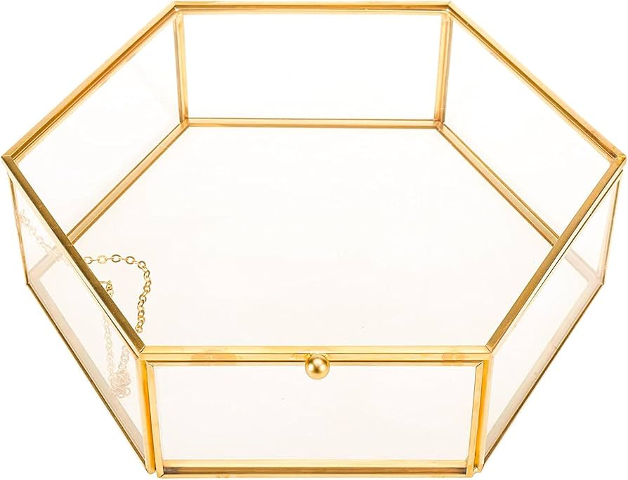 HighFree Glass Vintage Jewelry Display Box, Hexagon Golden Elegant Display Jewelry Organizer, Dus... | Amazon (US)