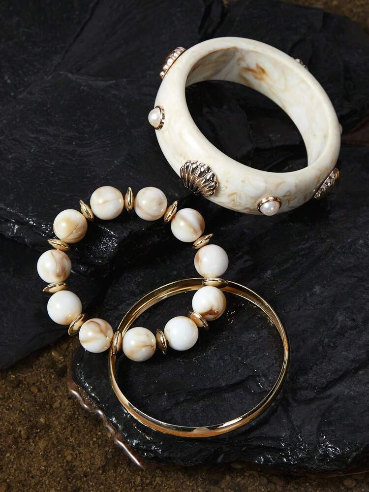 Opalesca 3pcs Bohemian Gradient Resin Multilayer Shell & Faux Pearl Bracelet/Bangle Set, Suitable For Women To Wear In Daily, Vacation, Casual Gathering, Party, Jewelry Gifts, Color Random | SHEIN