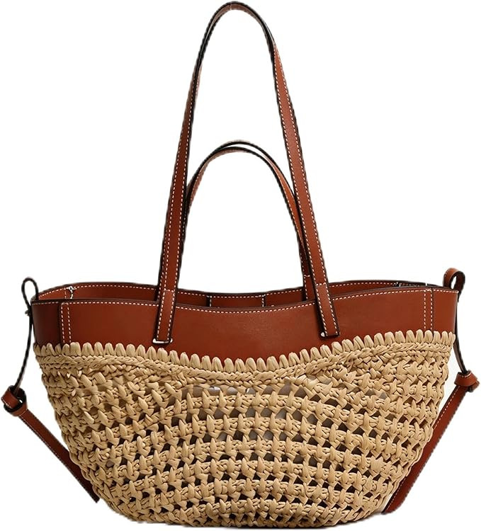 Dual Handle Woven Straw Beach Tote Bag for Women - Boho Handwoven Summer Shoulder Bag with Detach... | Amazon (US)