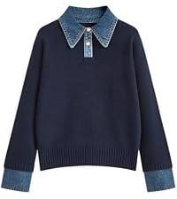Womens Oversized Sweater Denim Polo Knit Collared Fall Sweater | Amazon (US)