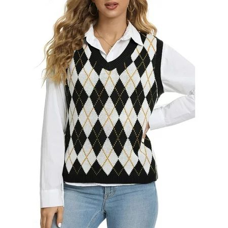 rrhss Women s V Neck Knit Sweater Vest Argyle Plaid Preppy Style Sleeveless Pullover Knitwear Tank T | Walmart (US)