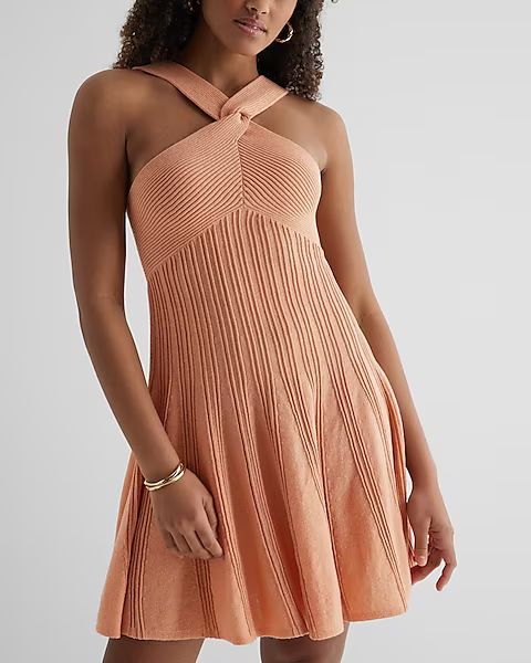 Metallic Ribbed Twist Halter Neck Fit and Flare Sweater Dress | Express